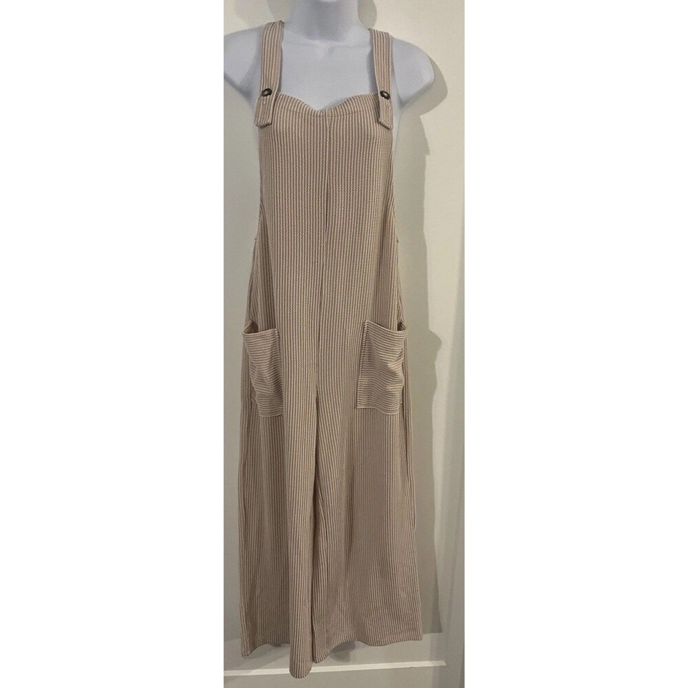 Dokotoo Textured Ribbed Striped Overall Jumpsuit Wide Leg Tan Beige Size S